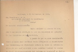 [Carta] 1954 feb. 22, Santiago, Chile [a] [Asociación Nacional de Escritores y Artistas de Chile]