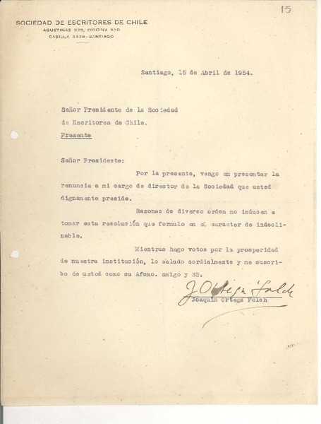 [Carta] 1954 abr. 15, Santiago, Chile [a] Carlos Préndez Saldías