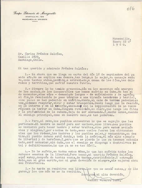 [Carta] 1960 ene. 22, Manzanillo, Oriente, Cuba [a] Carlos Préndez Saldías