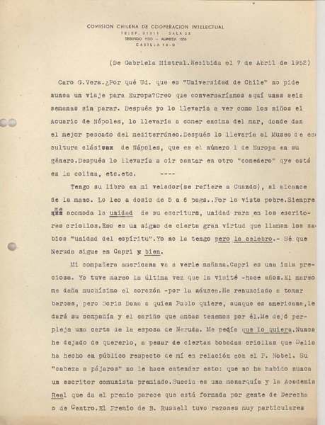 [Carta] 1952 abr. 7, [Nápoles, Italia] [a] José Santos González vera