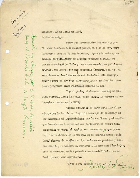 [Carta] 1956 abril 23, Santiago, Chile [a la] [Sociedad de Escritores de Chile]