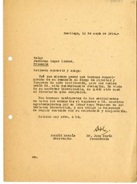 [Carta] 1954 mayo 12, Santiago, Chile [a] Jerónimo Lagos Lisboa