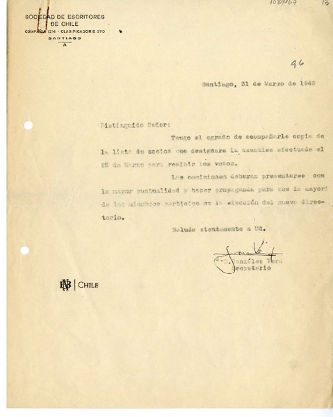 [carta] 1942 marzo 31, Santiago, Chile [a] [un socio de la Sociedad de Escritores de Chile]