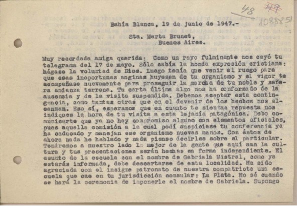 [Carta] 1947 junio 19, Bahía Blanca, Argentina [a] Marta Brunet, Buenos Aires