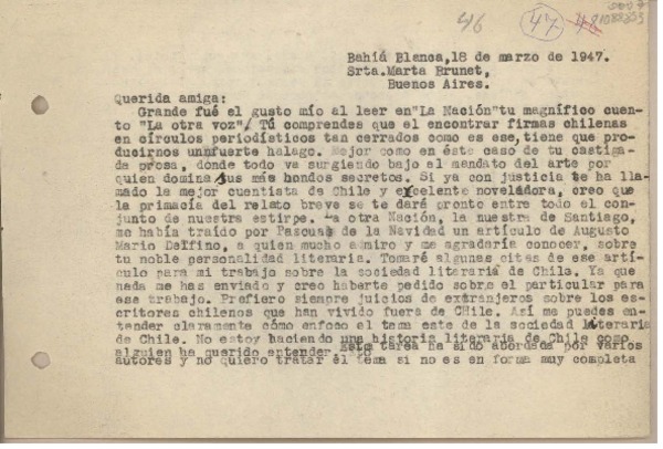 [Carta] 1947 marzo 18, Bahía Blanca, Argentina [a] Marta Brunet, Buenos Aires