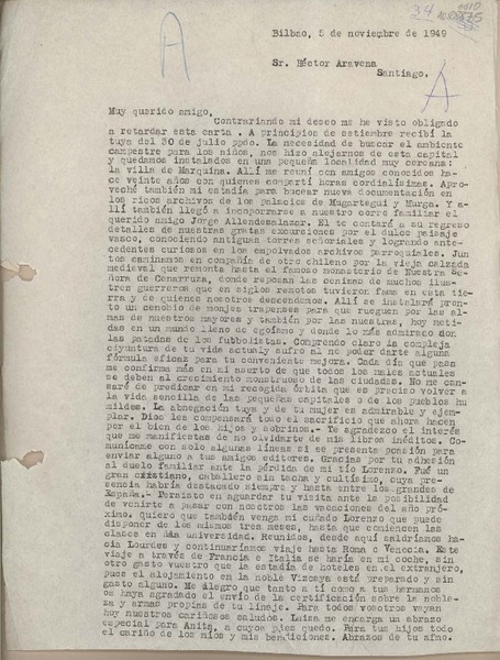 [Carta] 1949 noviembre 5, Bilbao, España [a] Hector Aravena, Santiago, [Chile]