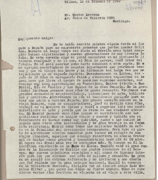 [Carta] 1949 febrero 14, Bilbao, España [a] Hector Aravena, Santiago, [Chile]