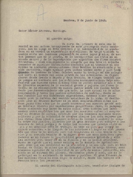 [Carta] 1948 junio 9, Mendoza, Argentina [a] Hector Aravena, Santiago, [Chile]