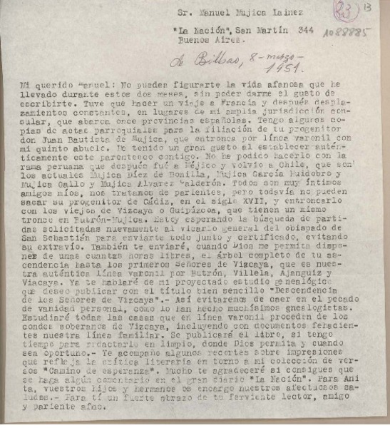 [Carta] 1951 marzo 8, Bilbao, España [a] Manuel Mujica Lainez, Buenos Aires, Argentina