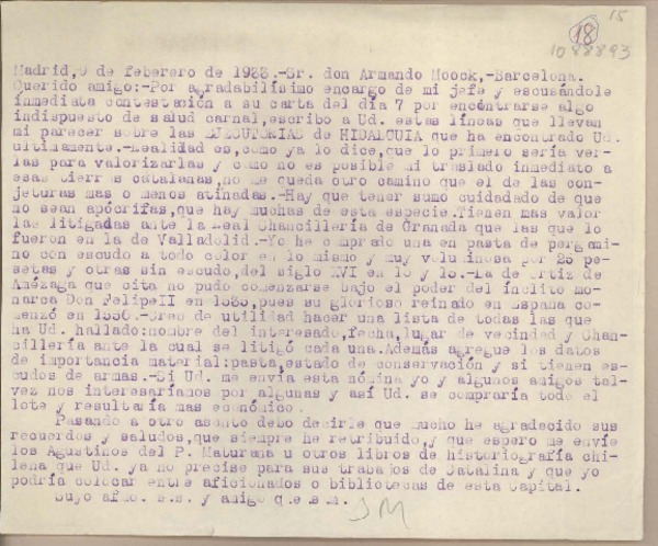 [Carta] 1933 febrero 9, Madrid, España [a] Armando Moock, Barcelona