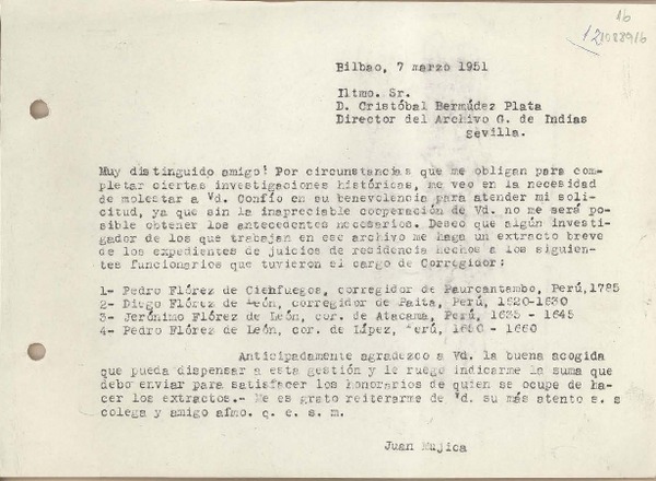 [Carta] 1951 marzo 7, Bilbao, Madrid, España [a] Cristóbal Bermúdez Plata, Sevilla [España]