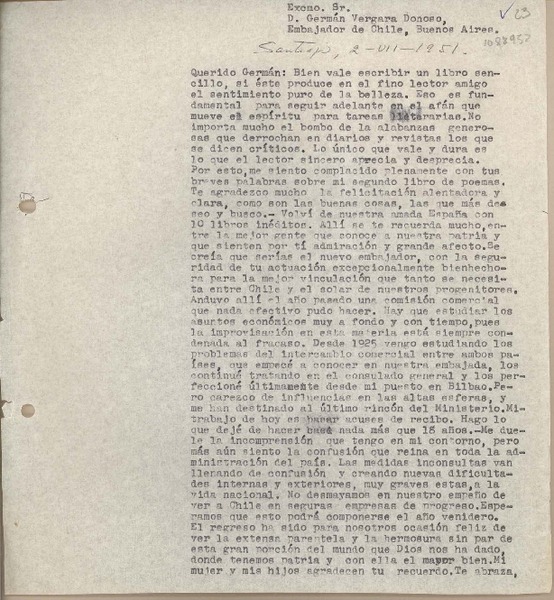 [Carta] 1951 julio 2, Santiago, Chile [a] Germán Vergara Donoso, Embajador de Chile, Buenos Aires