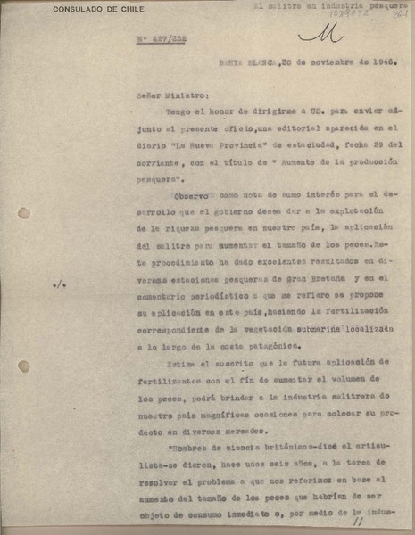 [Oficio consular N°427232] 1946 noviembre 30, Bahía Blanca, Argentina [al] Sr. Ministro de Relaciones Exteriores