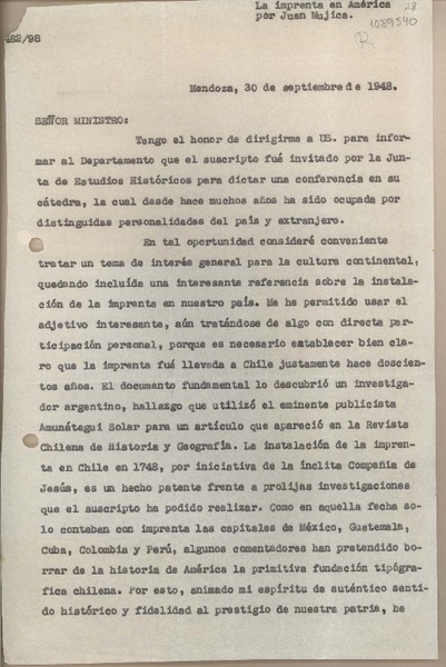 [Oficio consular N°48298] 1948 septiembre 30, Mendoza, Argentina [al] Sr. Ministro de Relaciones Exteriores