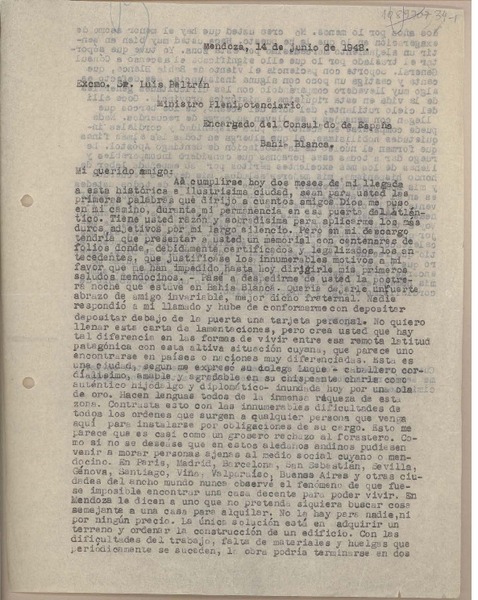 [Carta] 1948 junio 14, Mendoza, Argentina [a] Luis Beltrán, Bahía Blanca, Argentina