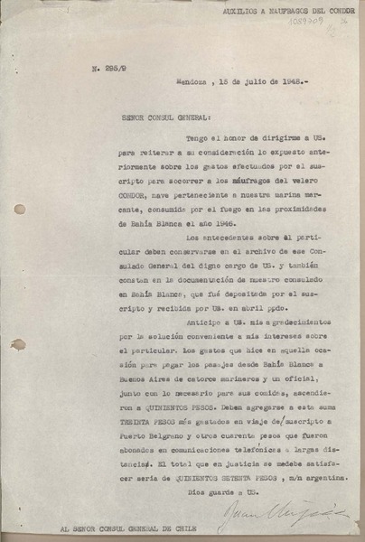 [Oficio N° 2959] 1948 julio 15, Mendoza, Argentina [al] Sr. Cónsul General de Chile