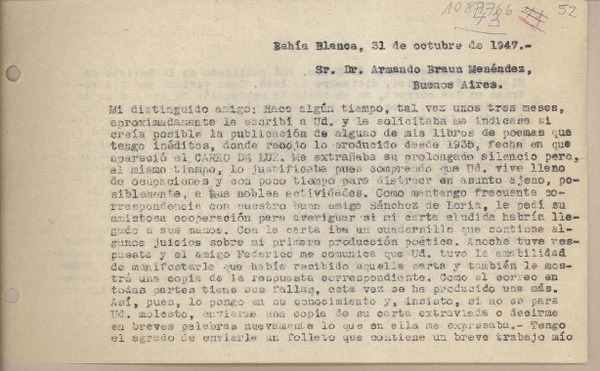 [Carta] 1947 octubre 31, Bahía Blanca, Argentina [a] Armando Braun Menéndez, Buenos Aires