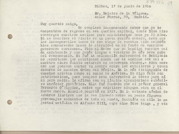 [Carta] 1950 junio 17, Bilbao, España [a] Dalmiro de la Válgoma, Madrid [España]