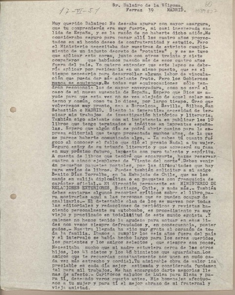 [Carta] 1951 junio 17, Santiago, Chile [a] Dalmiro de la Válgoma, Madrid [España]