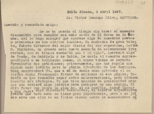 [Carta] 1947 abril 4, Bahía Blanca, Argentina [a] Víctor Domingo Silva, Santiago [Chile]
