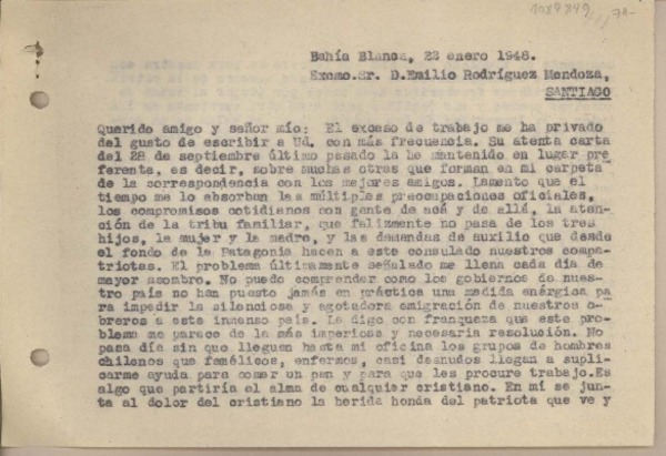 [Carta] 1948 enero 22, Bahía blanaca, Argentina [a] Emilio Rodríguez Mendoza, Santiago de Chile