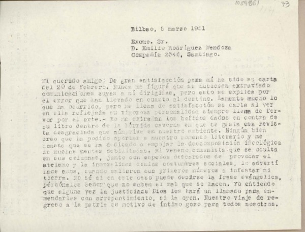 [Carta] 1951 marzo 5, Bilbao, España [a] Emilio Rodríguez Mendoza, Santiago de Chile