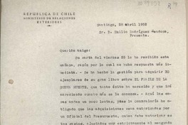 [Carta] 1952 abril 28, Santiago, Chile [a] Emilio Rodríguez Mendoza