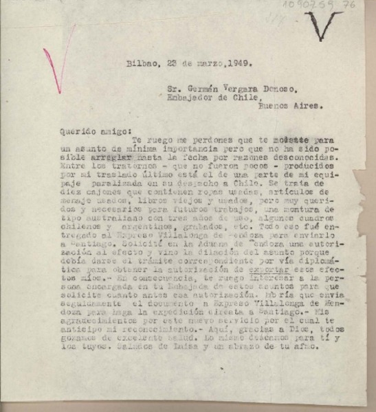 [Carta] 1949 marzo 23, Bilbao, España [a] Germán Vergara Donoso, Buenos Aires, [Argentina]