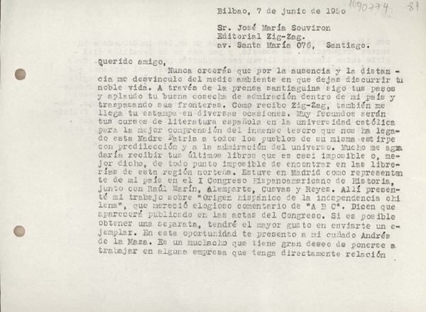 [Carta] 1950 junio 7, Bilbao, España [a] José María Souviron, Santiago [Chile]
