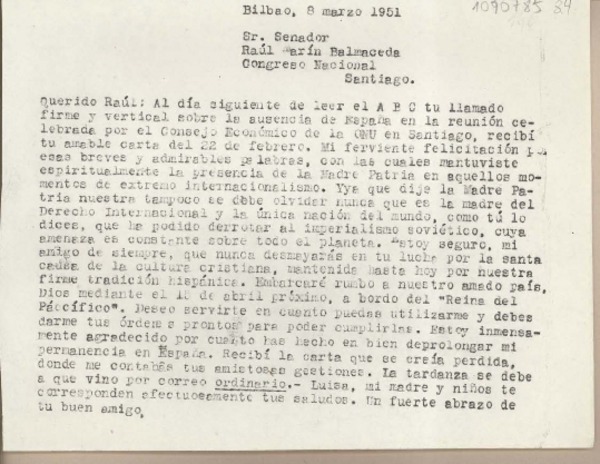 [Carta] 1951 marzo 8, Bilbao, España [a] Raúl Marín Balmaceda, Santiago [Chile]