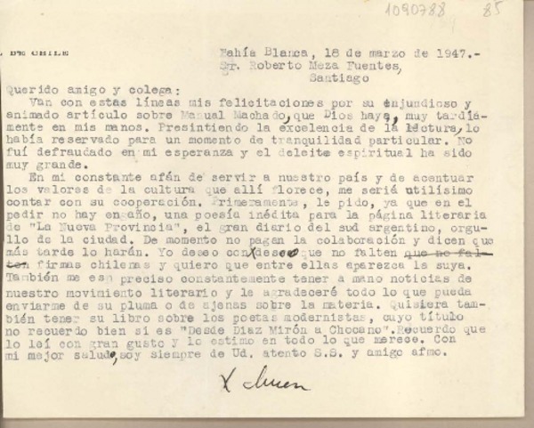 [Carta] 1947 marzo 18, Bahía Blanca, Argentina [a] Roberto Meza Fuentes, Santiago [Chile]