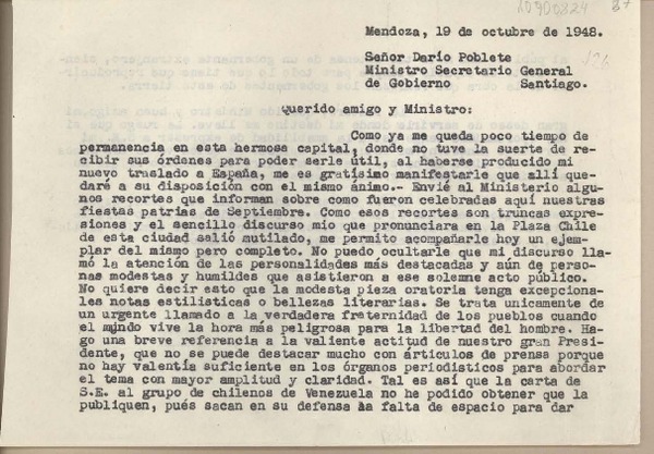 [Carta] 1948 octubre 19, Mendoza, Argentina [a] Darío Poblete, Santiago [Chile]