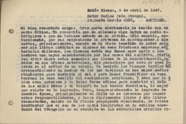 [Carta] 1947 abril 2, Bahía Blanca, Argentina [a] Carlos Peña Otaegui, Santiago [Chile]