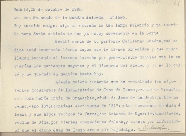 [Carta] 1930 octubre 25, Madrid, España [a] Fernando de la Quadra Salcedo, Bilbao, España