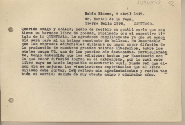 [Carta] 1947 abril 9, Bahía Blanca, Argentina [a] Daniel de la Vega, Santiago [Chile]