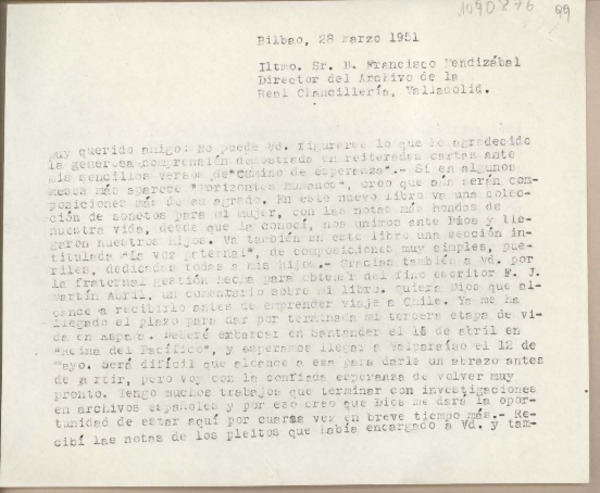 [Carta] 1951 marzo 28, Bilbao, España [a] Francisco Mendizábal, Valladolid
