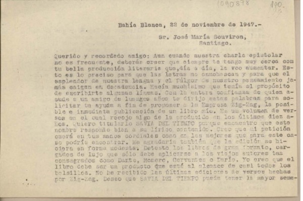 [Carta] 1947 noviembre 22, Bahía Blanca, Argentina [a] José María Souvirón, Santiago [Chile]