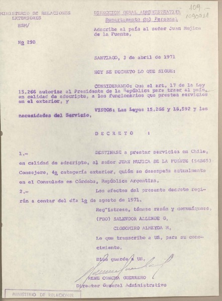 [Oficio N°298] 1971 abril 3, Santiago, Chile [a] Juan Mujica de la Fuente, Cordoba, Argentina