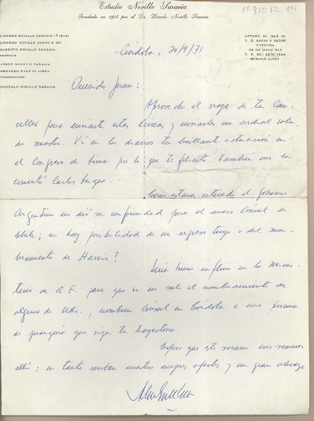 [Carta] 1971 septiembre 20, Córdoba, Argentina [a] Juan Mujica de la Fuente, Santiago, Chile