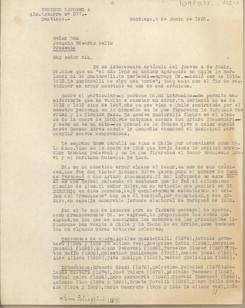[Carta] 1953 junio 9, Santiago, Chile [a] Joaquín Edwards Bello