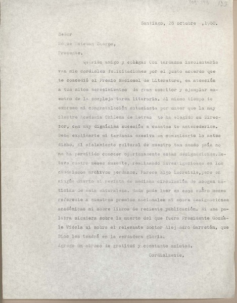 [Carta] 1980 octubre 28, Santiago, Chile [a] Roque Esteban scarpa
