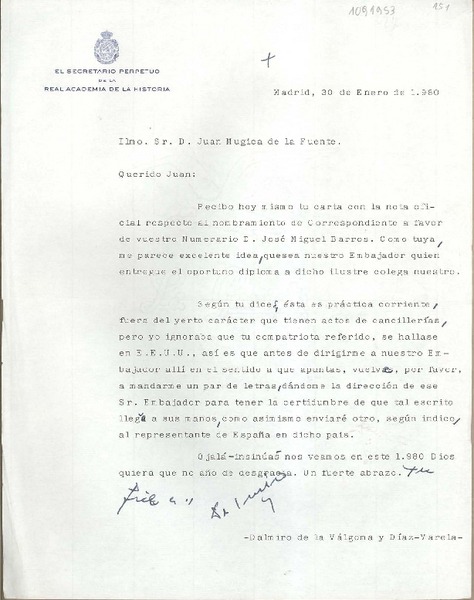 [Carta] 1980 enero 30, Madrid, España [a] Juan Mujica de la Fuente