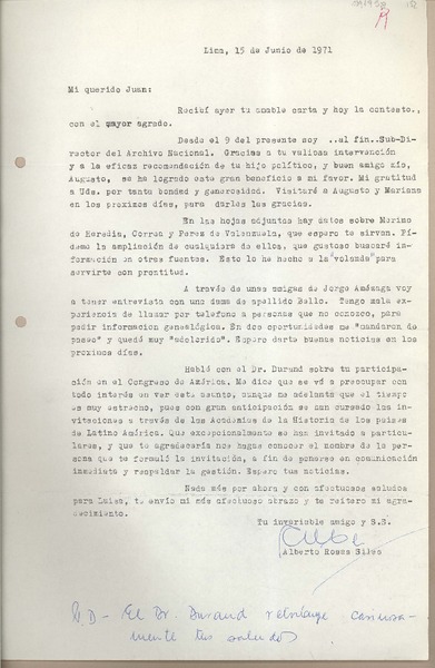 [Carta] 1971 junio 15, Lima, Perú [a] Juan Mujica de la Fuente
