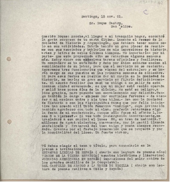 [Carta] 1951 noviembre 15, Santiago, Chile [a] Roque Castro