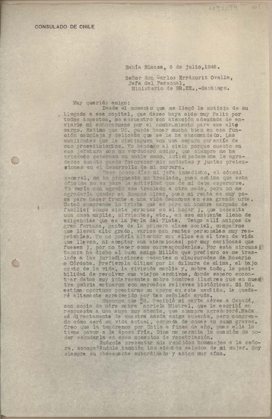 [Carta] 1946 julio 6, Bahía Blanca, Argentina [a] Carlos Errázuriz Ovalle