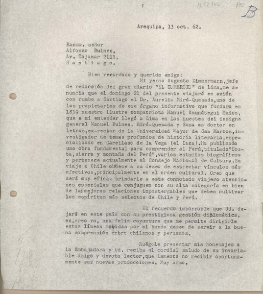 [Carta] 1962 octubre 13, Arequipa, Perú [a] Alfonso Bulnes, Santiago, Chile