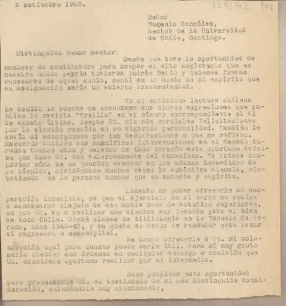 [Carta] 1963 septiembre 2, Arequipa, Perú [a] Eugenio González, Santiago, Chile