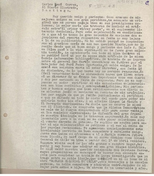 [Carta] 1963 marzo 8, Arequipa, Perú [a] Carlos René Correa, Santiago, Chile