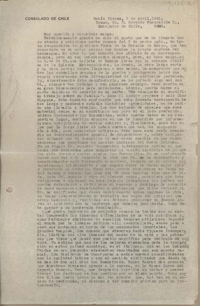 [Carta] 1946 abril 5, Bahía Blanca, Argentina [a] Osvaldo Fuenzalida C., Roma, Italia