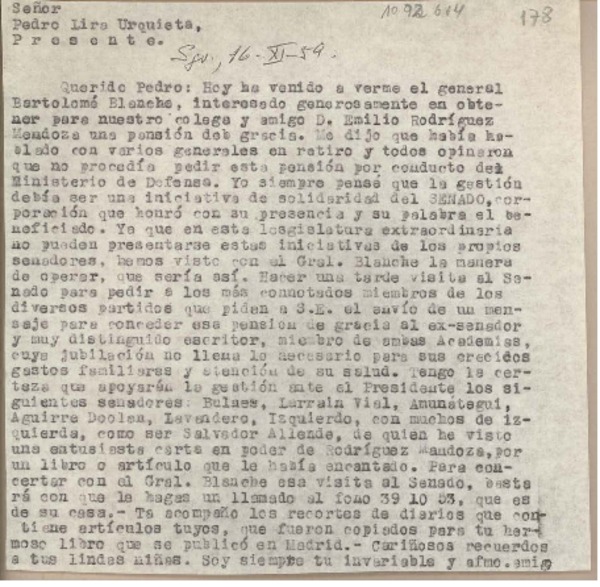 [Carta] 1959 noviembre, 16, Santiago, Chile [a] Pedro Lira Urquieta